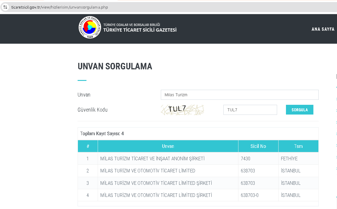 Türkiye Ticaret Sicili Gazetesi - Milas Turizm Unvan Tescil